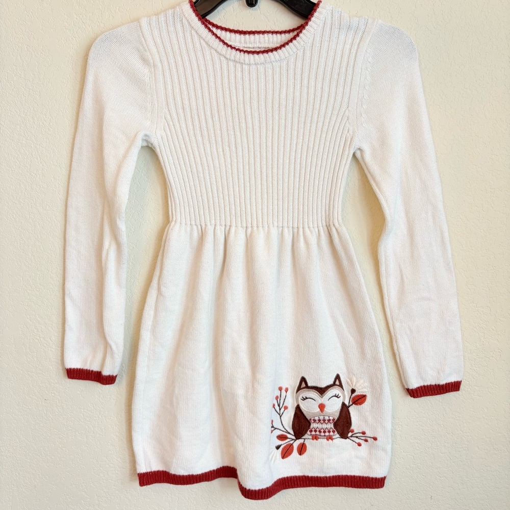 Cynthia Rowley Girl’s Off White Knit Dress w/ Embroidered Owl Design (Sz. 7/8). - Picture 2 of 8